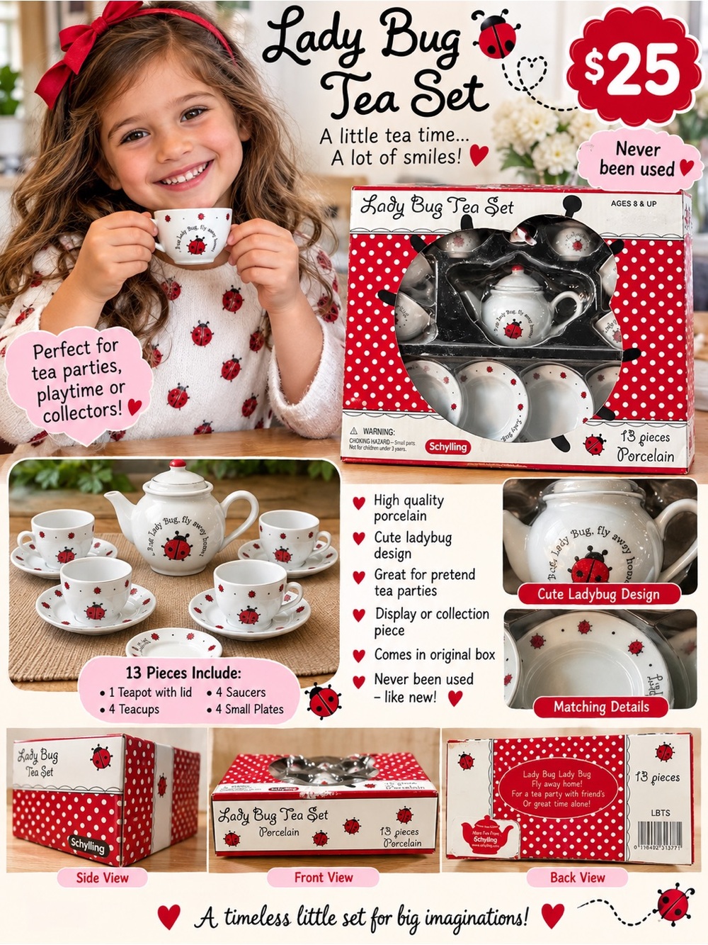 13PCS Lady Bug Tea Set - Red Porcelain Kids Tea Set